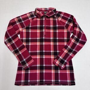 Eddie Bauer Pink/Red Plaid Fleece 1/4 Quarter Zip Pullover Sweatshirt Women XS